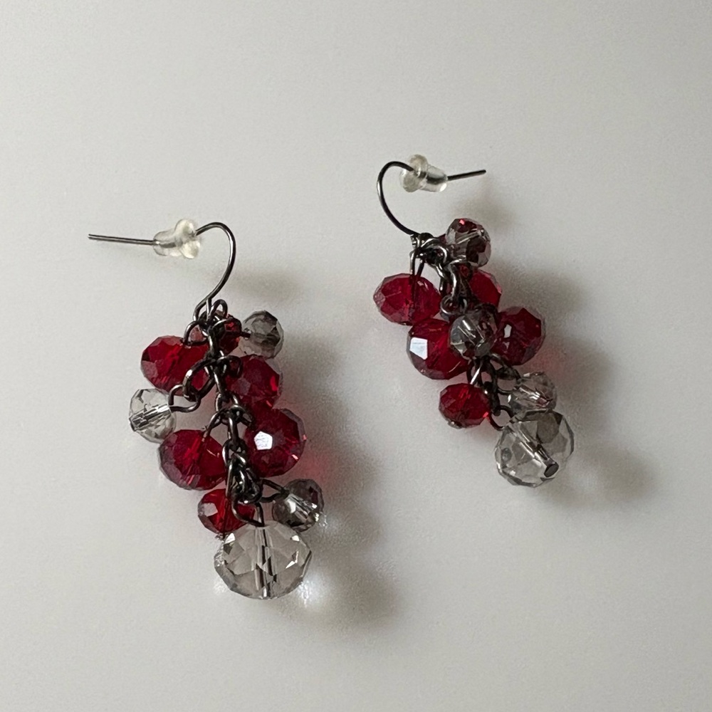Vintage Fire Red Crystal Smokey Crystal Dangle French Hook Earrings